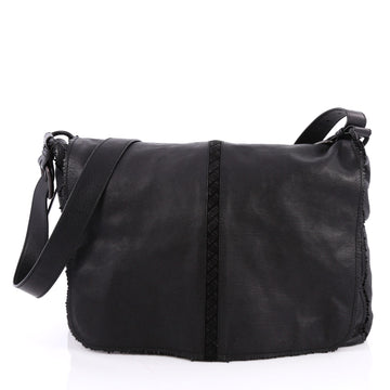 Bottega Veneta Flap Messenger Bag Leather with Frayed Intrecciato Detail Large Black 2046901