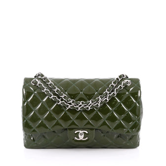 Chanel Classic Double Flap Bag Quilted Patent Jumbo Green