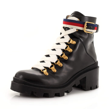 Gucci Women's Heeled Lace Up Combat Ankle Boots Leather