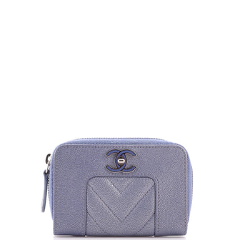 Chanel Mademoiselle Vintage Zip Card Case Chevron Iridescent Caviar
