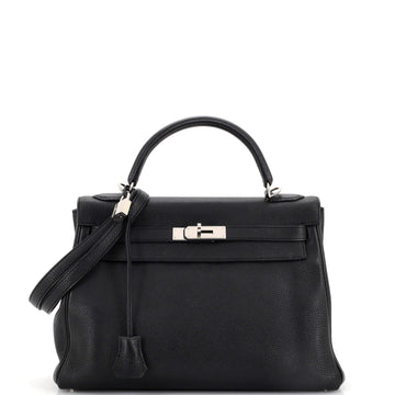 Hermes Kelly Handbag Black Clemence with Palladium Hardware 32