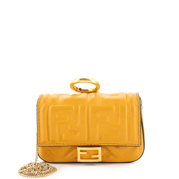 Fendi Chain Baguette Charm Bag Zucca Embossed Leather Nano