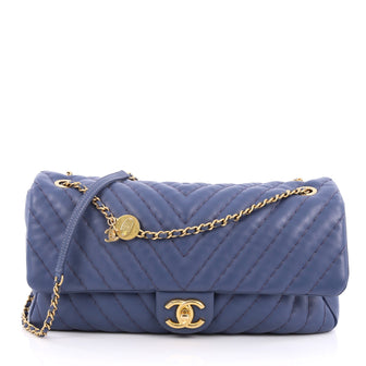 Chanel Medallion Charm Flap Bag Chevron Calfskin Jumbo Blue