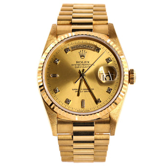 Rolex Oyster Perpetual President Day-Date Automatic Watch Yellow Gold with Round and Baguette Diamond Markers 36