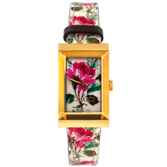 Gucci G-Frame Rectangular Quartz Watch Stainless Steel and Floral Print Leather 21