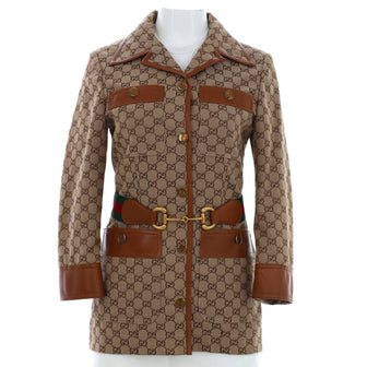 Gucci Women's Four Pocket Button Up Belted Jacket GG Canvas with Leather