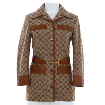 Gucci Women's Four Pocket Button Up Belted Jacket GG Canvas with Leather
