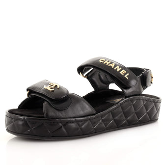 Chanel Women's Logo Velcro Strap Wedge Sandals Quilted Leather