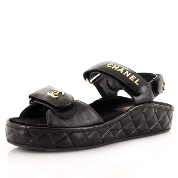 Chanel Women's Logo Velcro Strap Wedge Sandals Quilted Leather