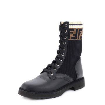 Fendi Women's Rockoko Combat Boots Leather with Knit Stretch Fabric and Zucca Trim