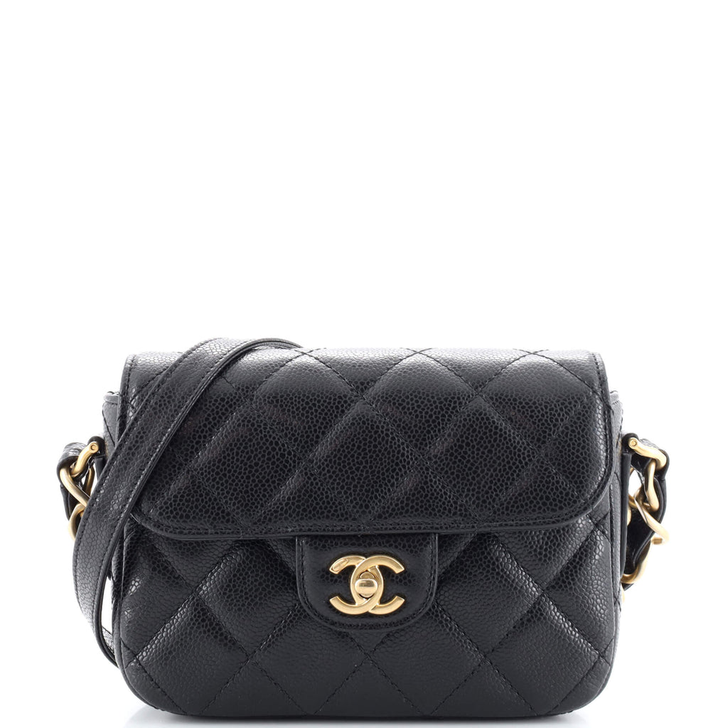 Chanel CC Adjustable Strap Flap Messenger Bag Quilted Caviar Mini