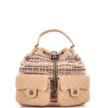 Chanel Double Pocket Drawstring Backpack Tweed with Quilted Lambskin Medium