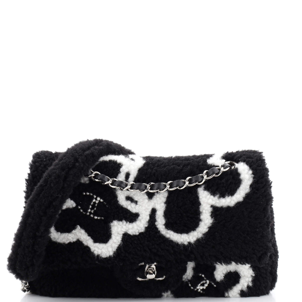 Chanel Classic Single Flap Bag Pearl Embellished Shearling Jumbo Black  205760354