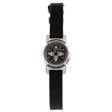 Louis Vuitton Tambour Bijou Noir Quartz Watch Stainless Steel and Monogram Embossed Rubber with Diamond Lugs and Dial 18