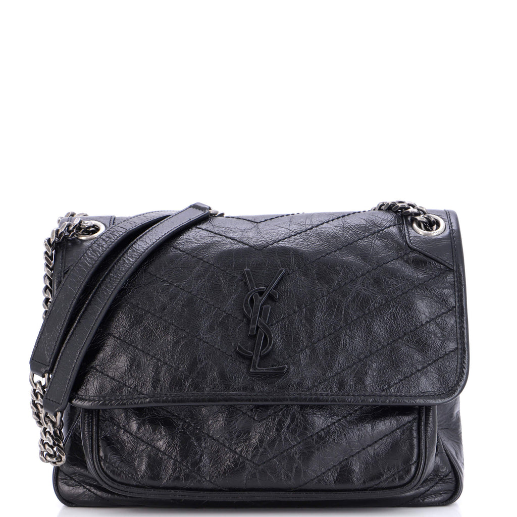 Saint Laurent Black Chevron YSL Niki Crossbody Chain Bag Leather