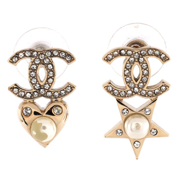 Chanel Charming Winter CC Heart Star Earrings Crystal Embellished Metal and Faux Pearls