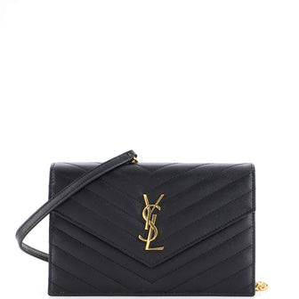 Saint Laurent Classic Monogram Wallet on Chain Matelasse Chevron Leather Small
