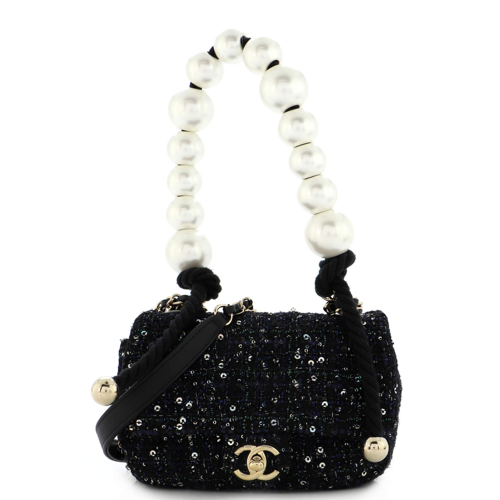 Chanel Pearl Handle Flap Bag Quilted Tweed Medium Black 2227962