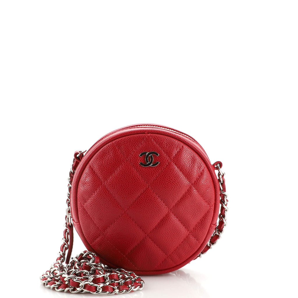 Chanel Round Clutch with Chain Quilted Iridescent Caviar Mini Red