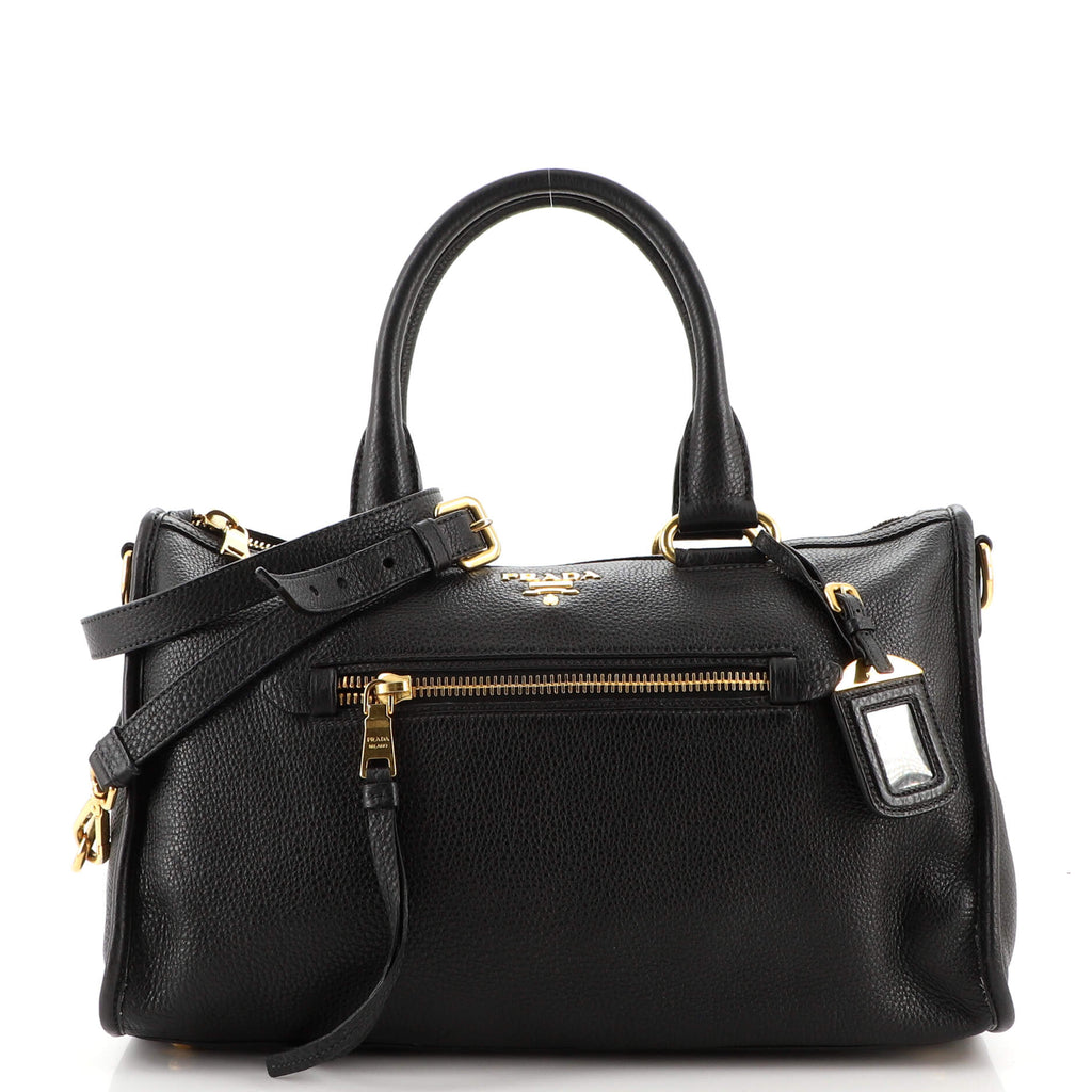 Prada Front Zip Convertible Satchel Vitello Phenix Medium Black