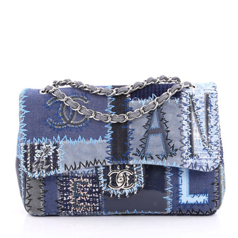 Chanel Classic Single Flap Bag Multicolor Patchwork Jumbo Blue