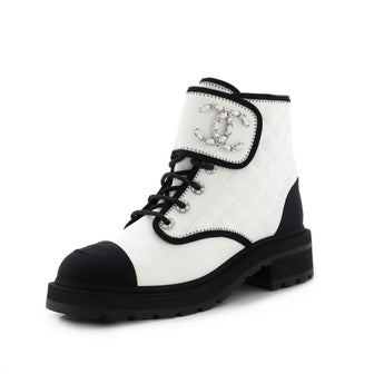 Chanel Women's Chain CC Cap Toe Lace Up Combat Boots Quilted Fabric and Grosgrain