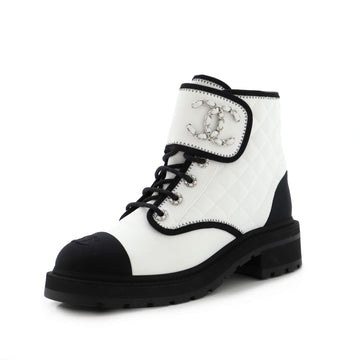 Chanel Women's Chain CC Cap Toe Lace Up Combat Boots Quilted Fabric and Grosgrain