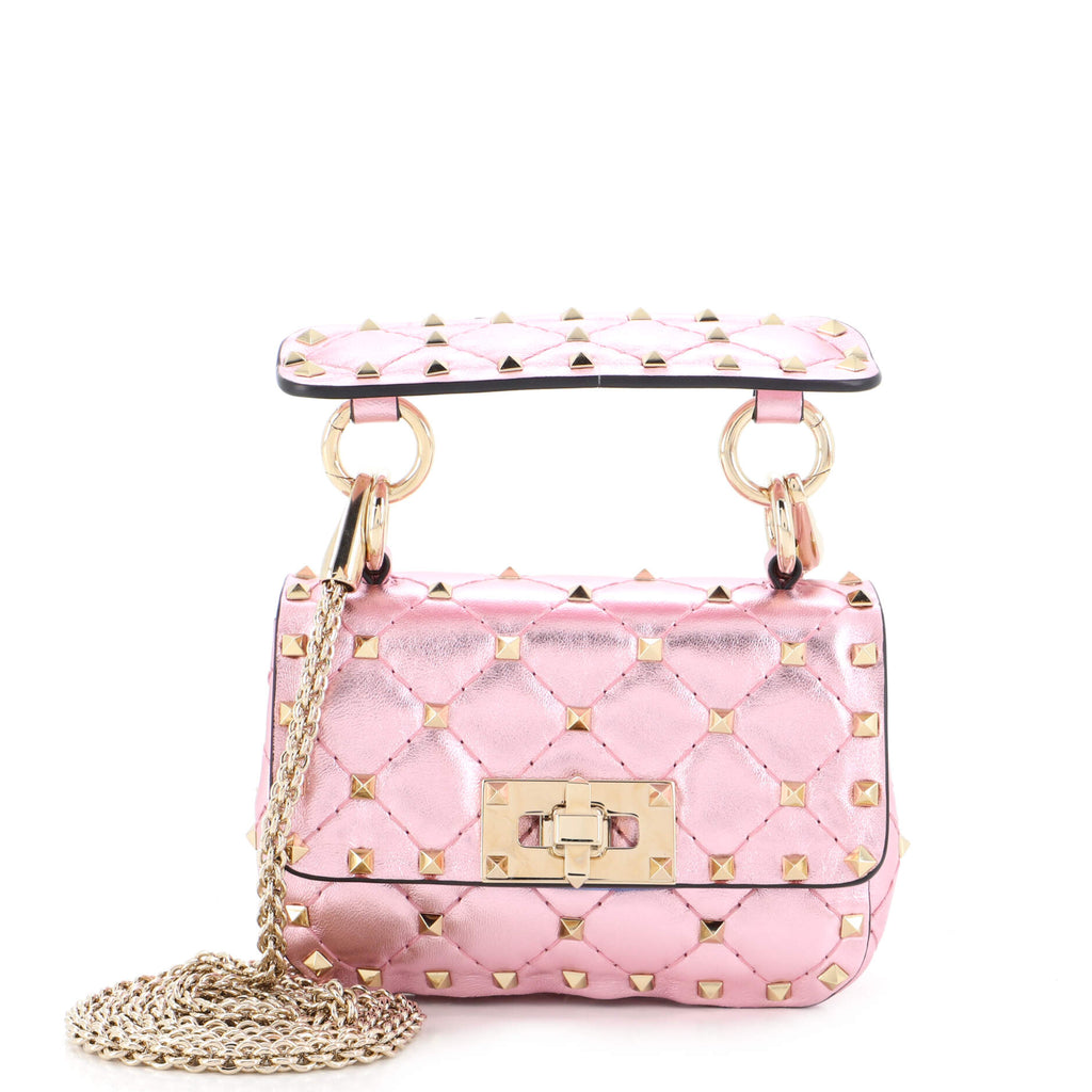 Valentino Metallic Pink Quilted Leather Small Rockstud Spike Top Handle Bag  Valentino