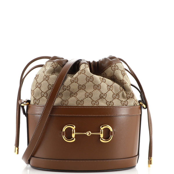 Gucci Horsebit 1955 Bucket Crossbody Bag Leather and GG Canvas Small Brown  2085851
