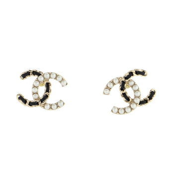 Chanel CC Chain Stud Earrings Metal with Faux Pearls and Leather
