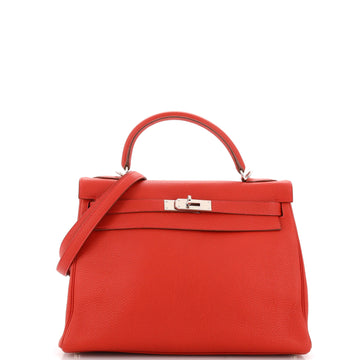 Hermes Kelly Handbag Red Togo with Palladium Hardware 32