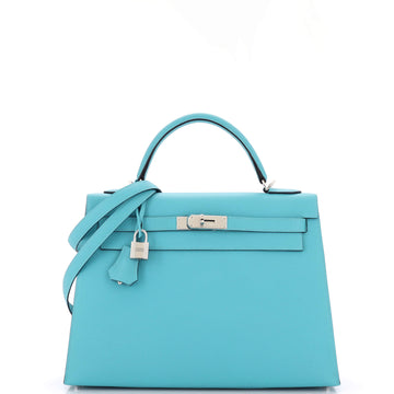 Hermes Kelly Handbag Blue Epsom with Palladium Hardware 32