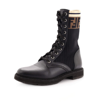 Fendi Women's Rockoko Combat Boots Leather with Knit Stretch Fabric and Zucca Trim