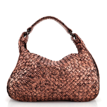 Bottega Veneta Shoulder Bag Metallic Ostrich Embossed Intrecciato Leather Medium