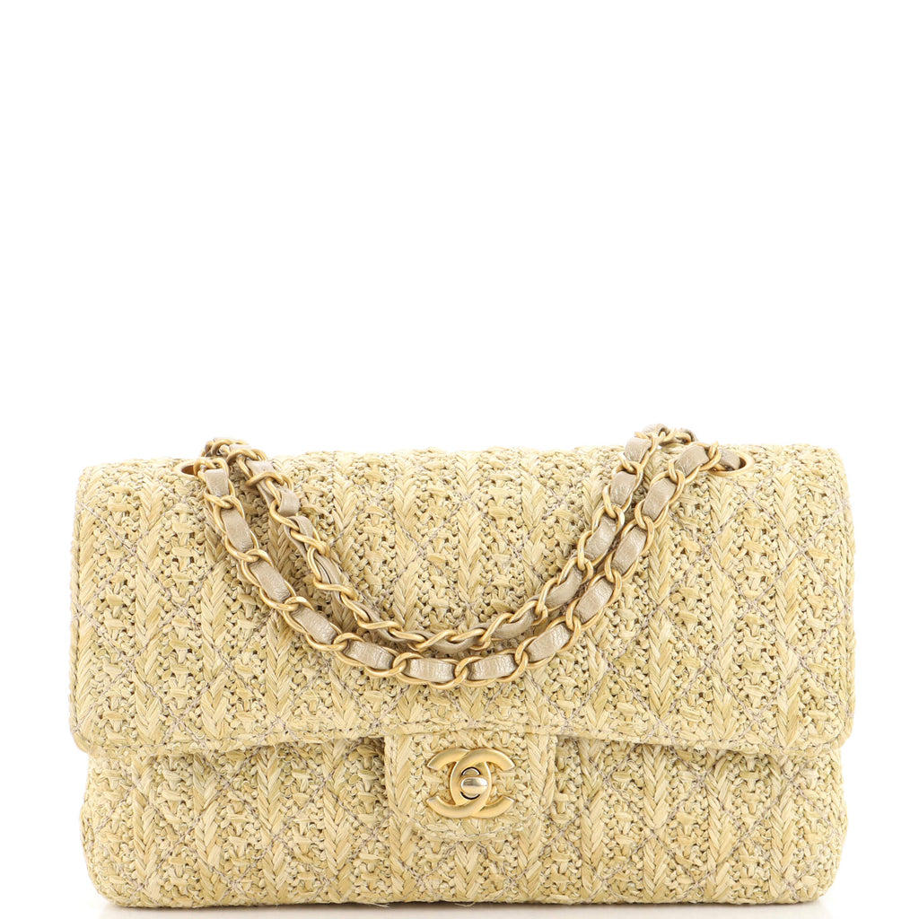 Chanel Woven Chain Handle Flap Clutch Quilted Caviar Medium Neutral 2363541