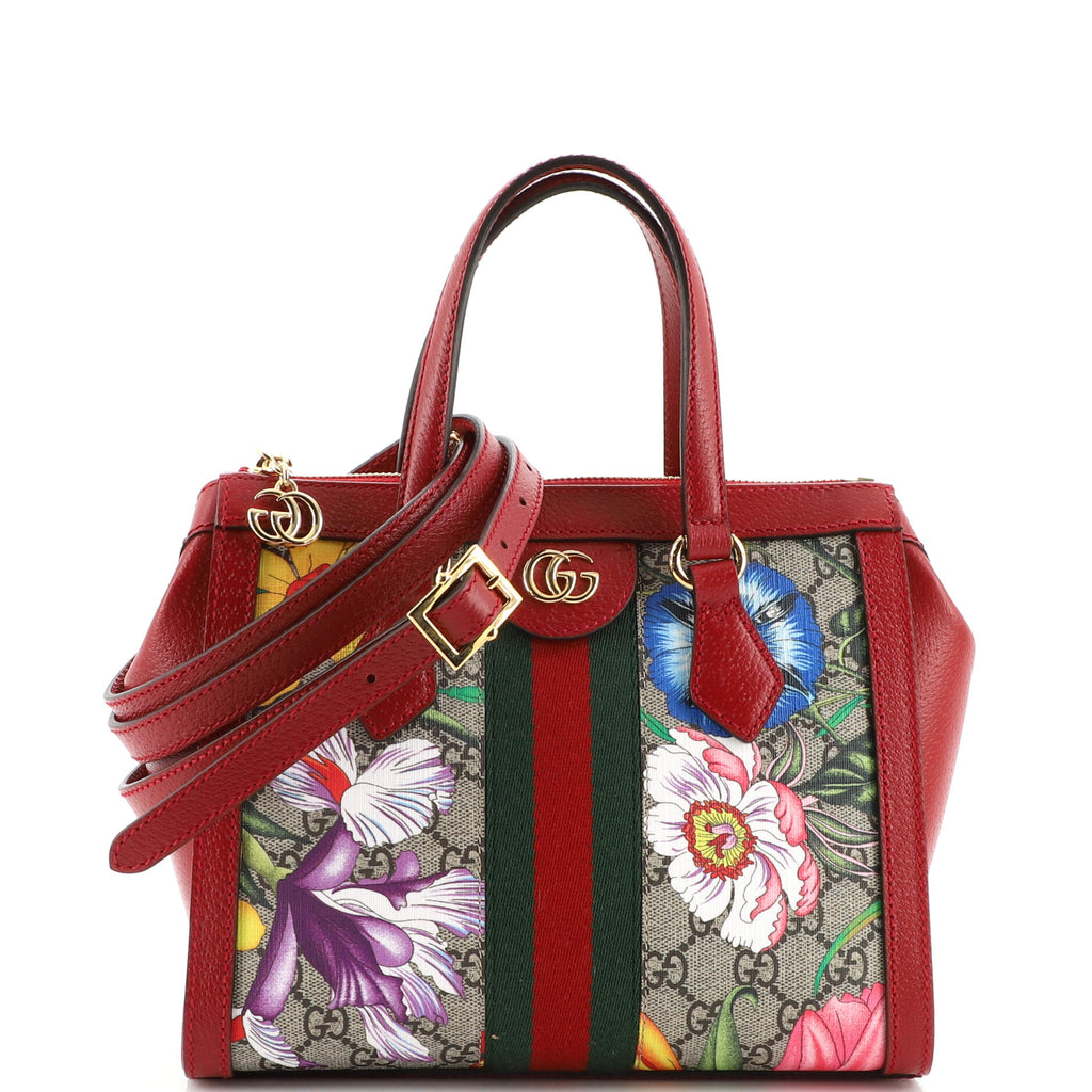 Gucci Red Leather GG Flora Coated Canvas Ophidia Small Tote Bag