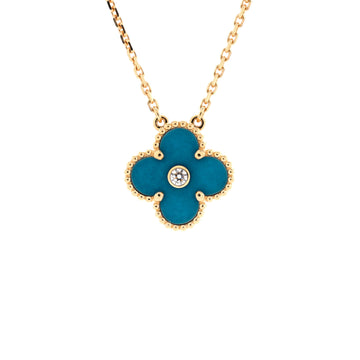 Van Cleef & Arpels Vintage Alhambra Pendant Necklace 18K Yellow Gold and Blue Sevres Porcelain with Diamond