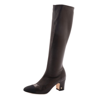 Chanel Women's Cap Toe Stretch Knee-High Boots Leather and Grosgrain
