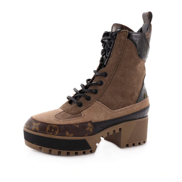 Louis Vuitton Women's Laureate Platform Desert Boots Suede with Monogram Canvas and Crocodile