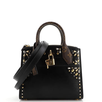 Louis Vuitton City Steamer Handbag Studded Leather and Monogram Canvas Mini