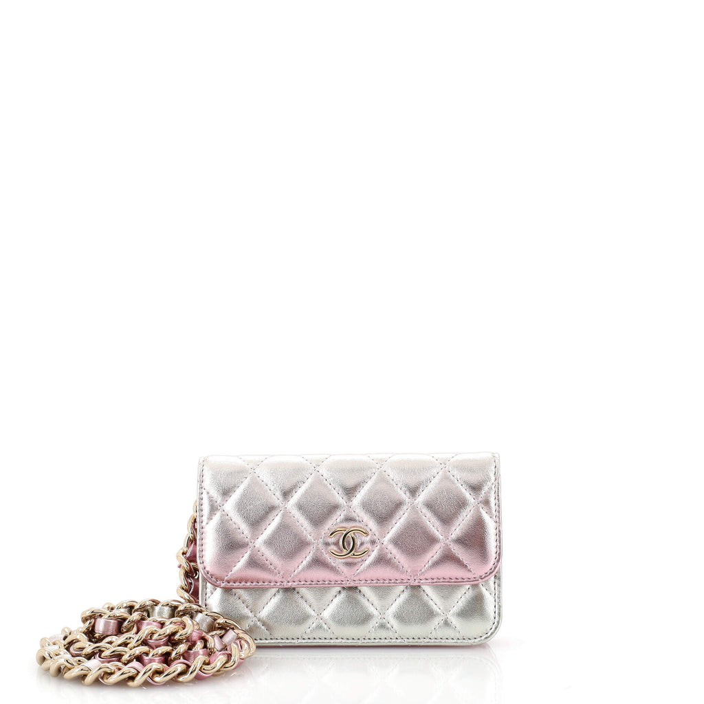 CHANEL Gradient Metallic Quilted Leather Clutch Bag Silver