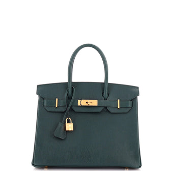 Hermes Birkin Handbag Green Chevre Mysore with Gold Hardware 30