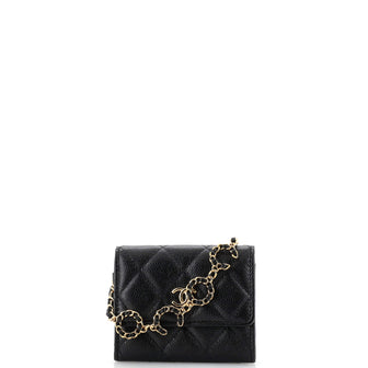 Chanel Miss Coco Strap Wristlet Flap Card Holder Quilted Caviar