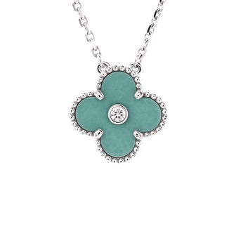 Van Cleef & Arpels Vintage Alhambra Pendant Necklace 18K White Gold and Green Celadon Sevres Porcelain with Diamond