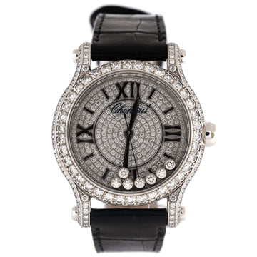 Chopard Happy Sport Round Automatic Watch White Gold and Alligator with Diamond Bezel, Lugs, Pave Dial, and Floating Diamonds 36