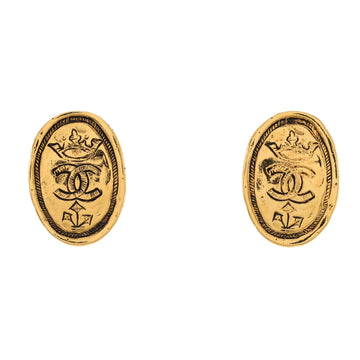 Chanel Vintage CC Crown Oval Plate Clip-On Earrings Metal