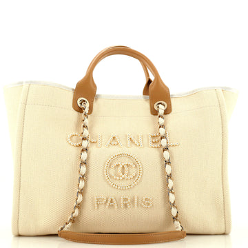 Chanel Deauville Tote Pearl Embellished Canvas Medium