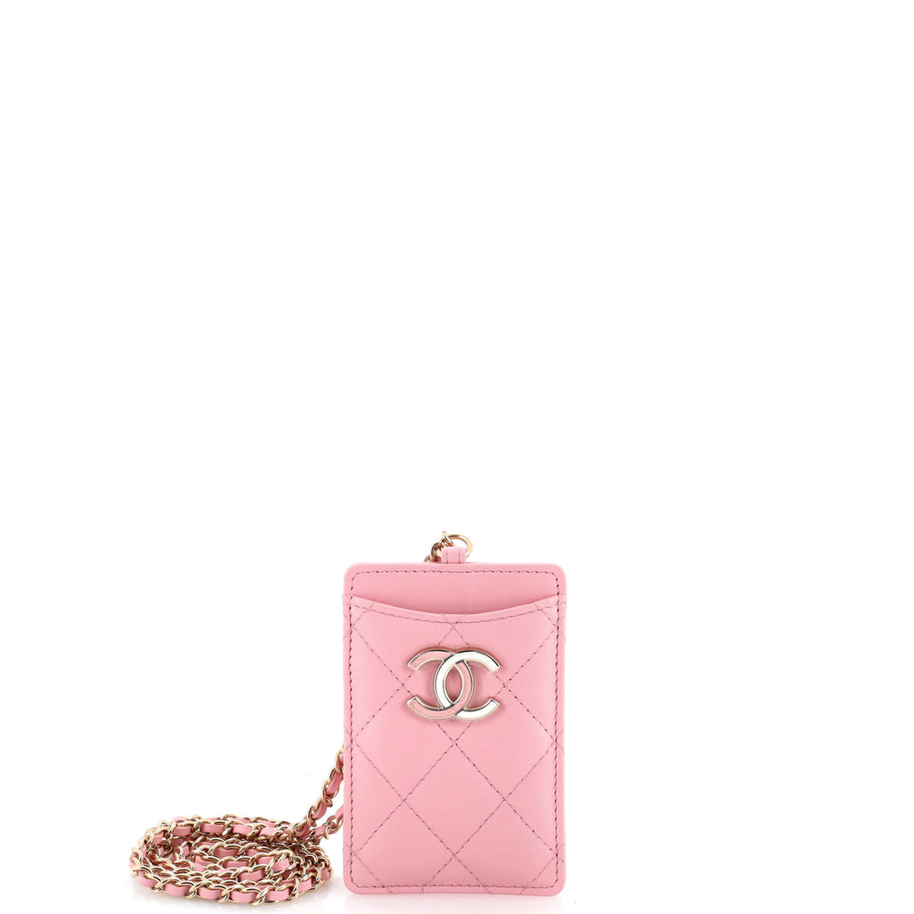 Chanel CC ID Card Holder on Chain Quilted Lambskin Pink 2076961