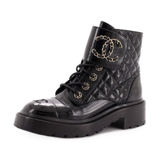 Chanel Women's Chain CC Cap Toe Lace Up Combat Boots Quilted Shiny Calfskin