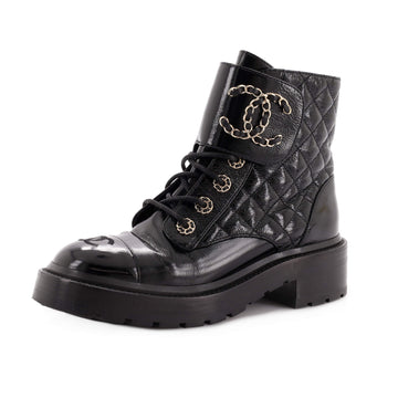 Chanel Women's Chain CC Cap Toe Lace Up Combat Boots Quilted Shiny Calfskin